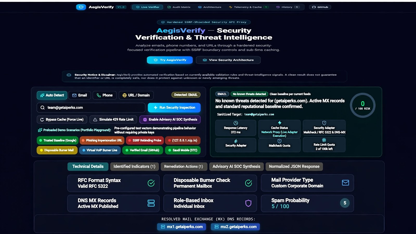 AegisVerify dashboard for security verification and threat intelligence